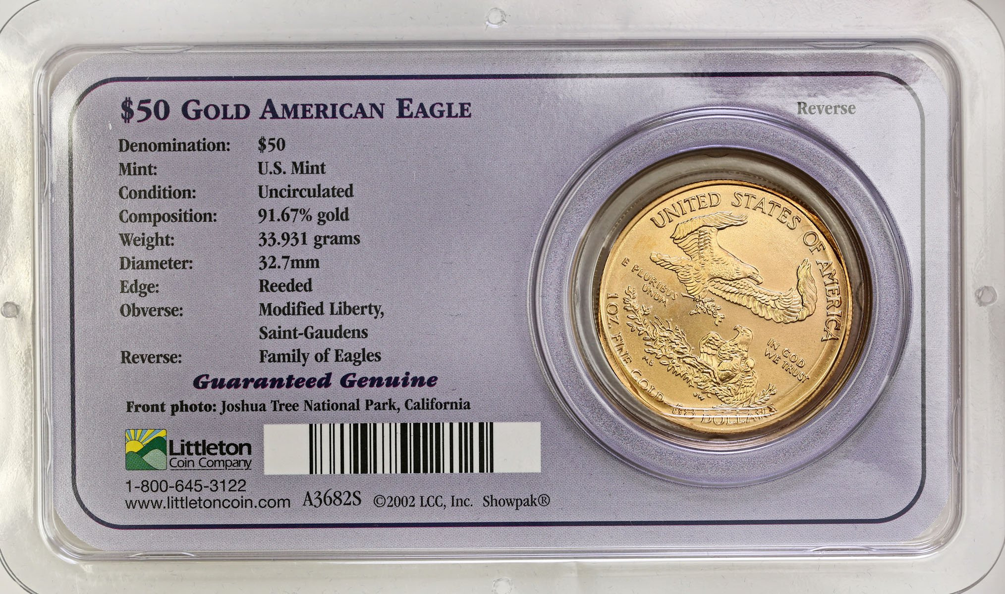 USA. Złote 50 $ dolarów 2003 Orzeł (Eagle) 1 uncja złota / oryginalny blister
